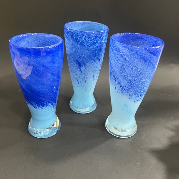 Set of 3 Art Glass Tall Beer Pub Glasses - Ocean Blue Swirl - 7.5" - Picture 3 of 9